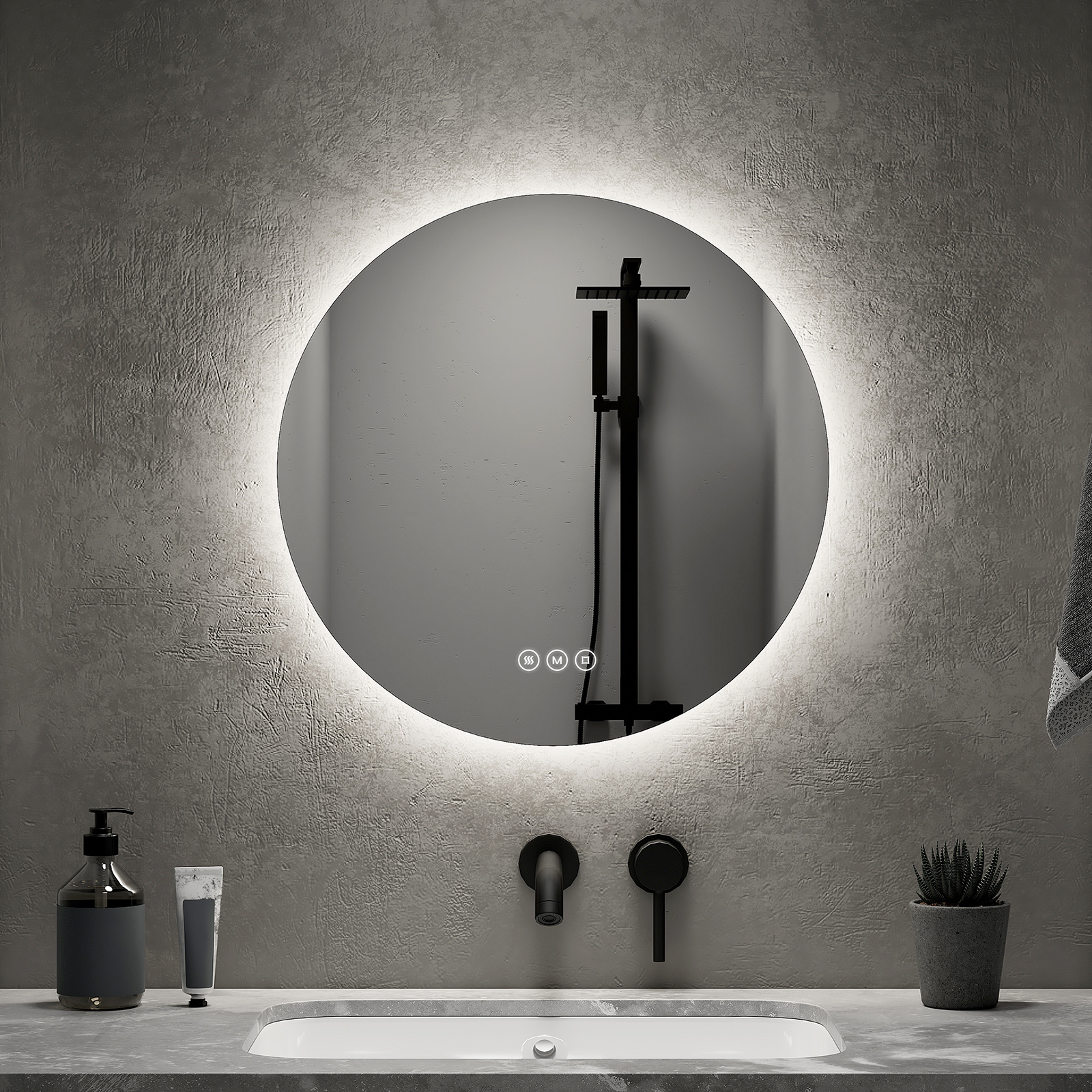 Emke espejo LED redondo 50cm, táctil, antivaho, 3 tonos de luz