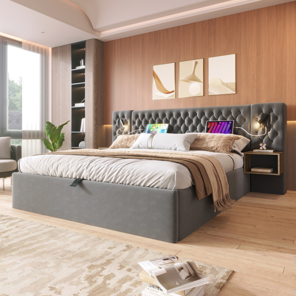 Cama doble 160x200cm con canapé, 2 mesitas y luces con usb terciopelo gris