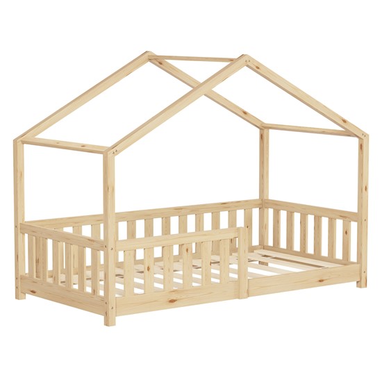 Cama infantil en forma de casa madera natural maciza de pino 80x160cm