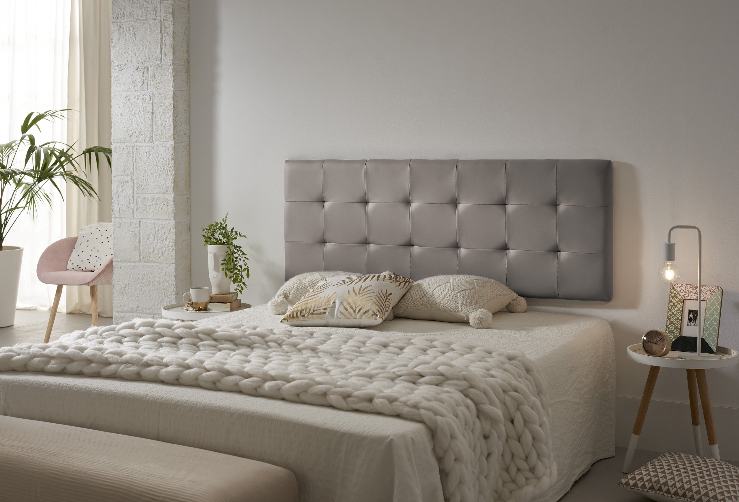 Cabecero de cama 150 capitone cuadros polipiel 152x57x5cm gris