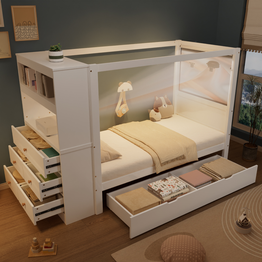 Cama infantil 90x200cm con almacenaje y barandilla madera – color blanco