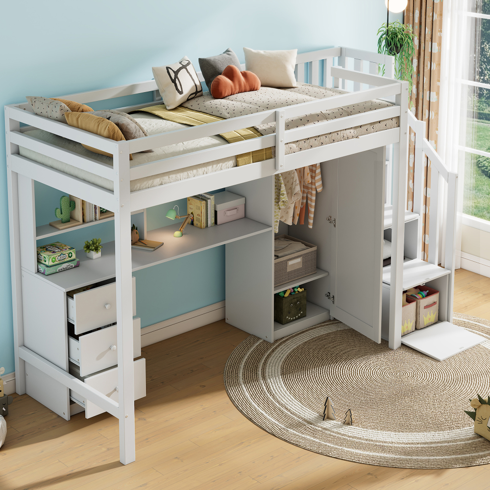 Cama alta 90x200cm con escritorio, armario y cajones madera maciza – blanco