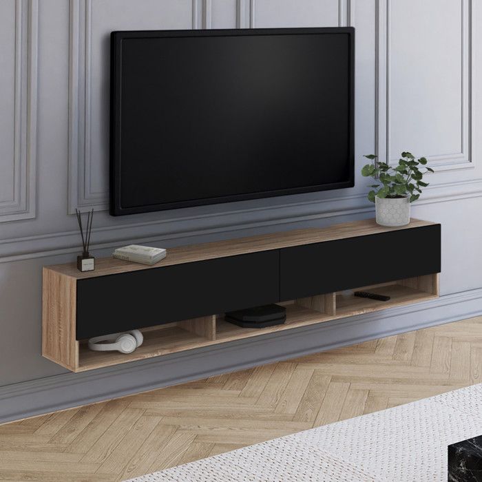 Mueble de tv suspendido elio - 2 puertas - madera y negro - 180 cm