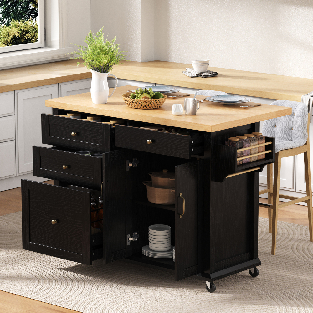 Isla de cocina con mesa extensible 2 puertas negro 90,5x107x45-70cm
