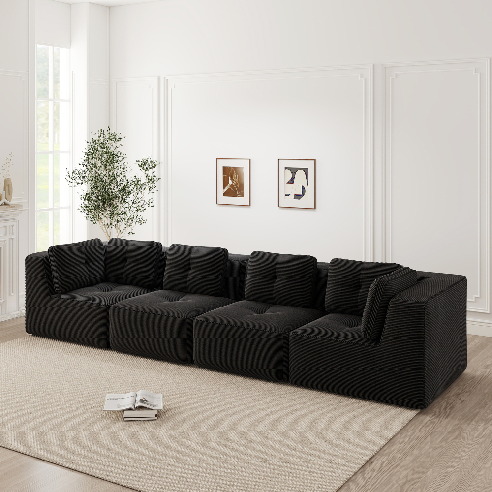 Sofá modular en l pana negro 4 plazas asiento profundo sin montaje