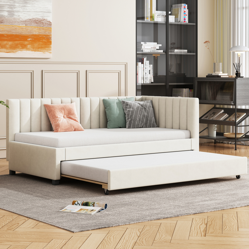 Sofá cama 90x200 cm extraíble tapizado de terciopelo – color beige