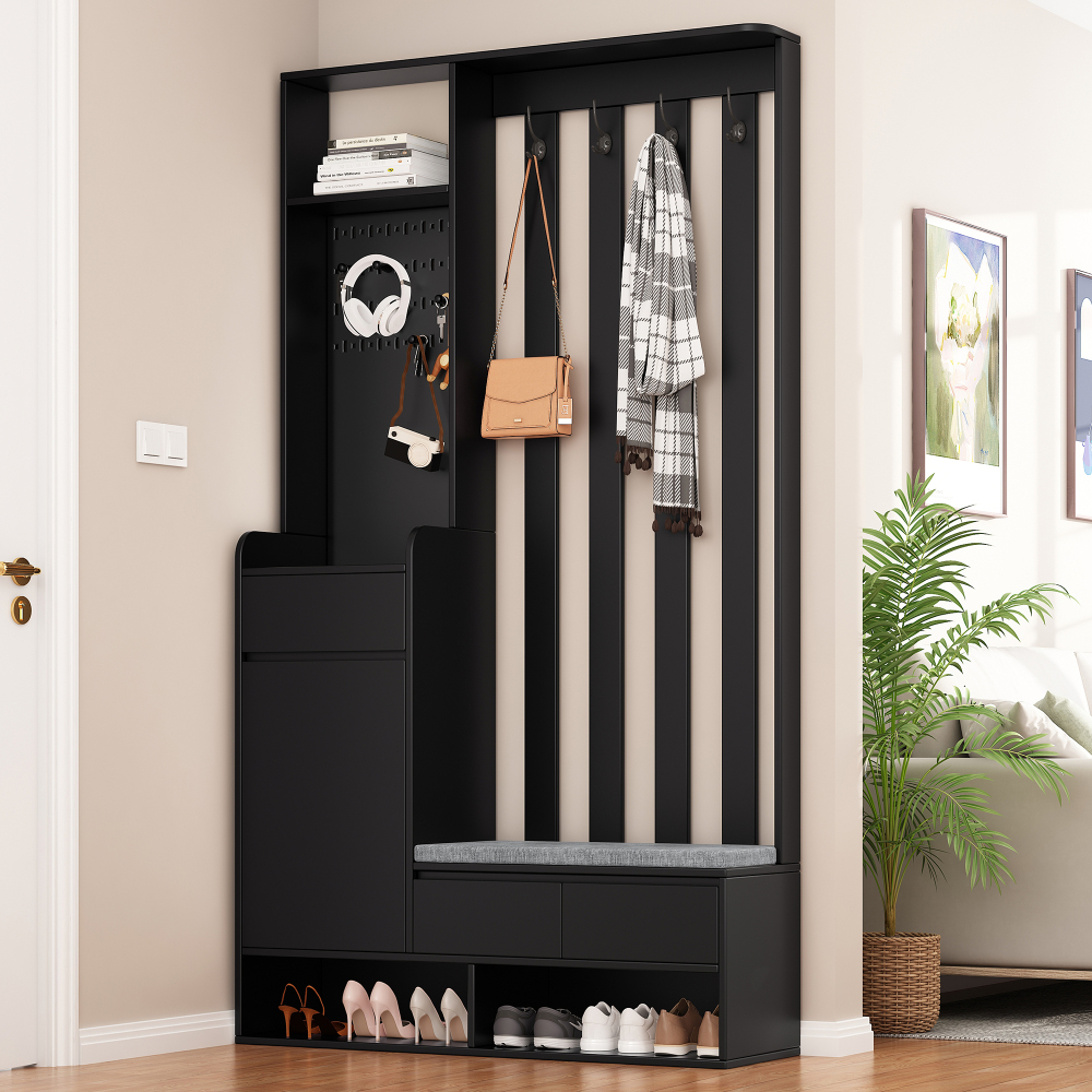 Mueble recibidor con banco acolchado 1 cajón 1 puerta negro 180x100x35cm