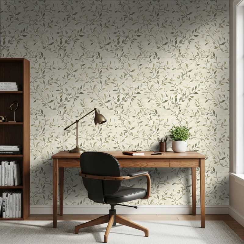 Papel floral diseño natural hojas verdes fondo beige claro 60cm por 300cm