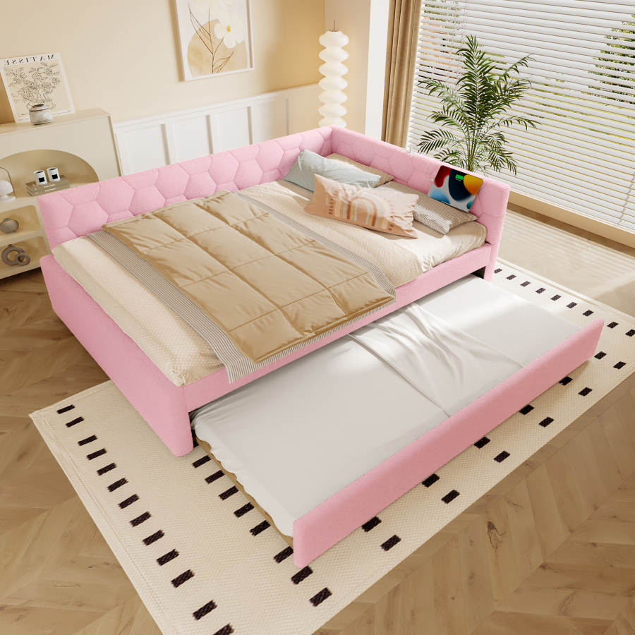 Cama nido 140x200cm con usb y luz nocturna terciopelo – rosa
