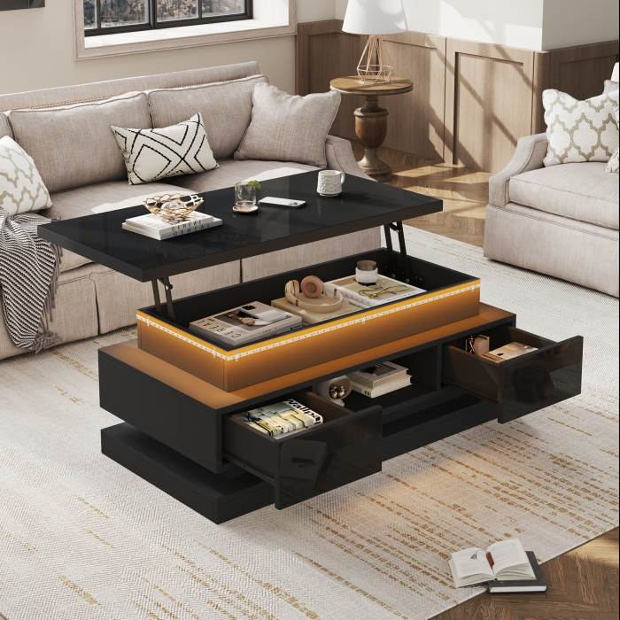 Mesa de centro elevable con LED y 2 cajones negro 40x100x50cm