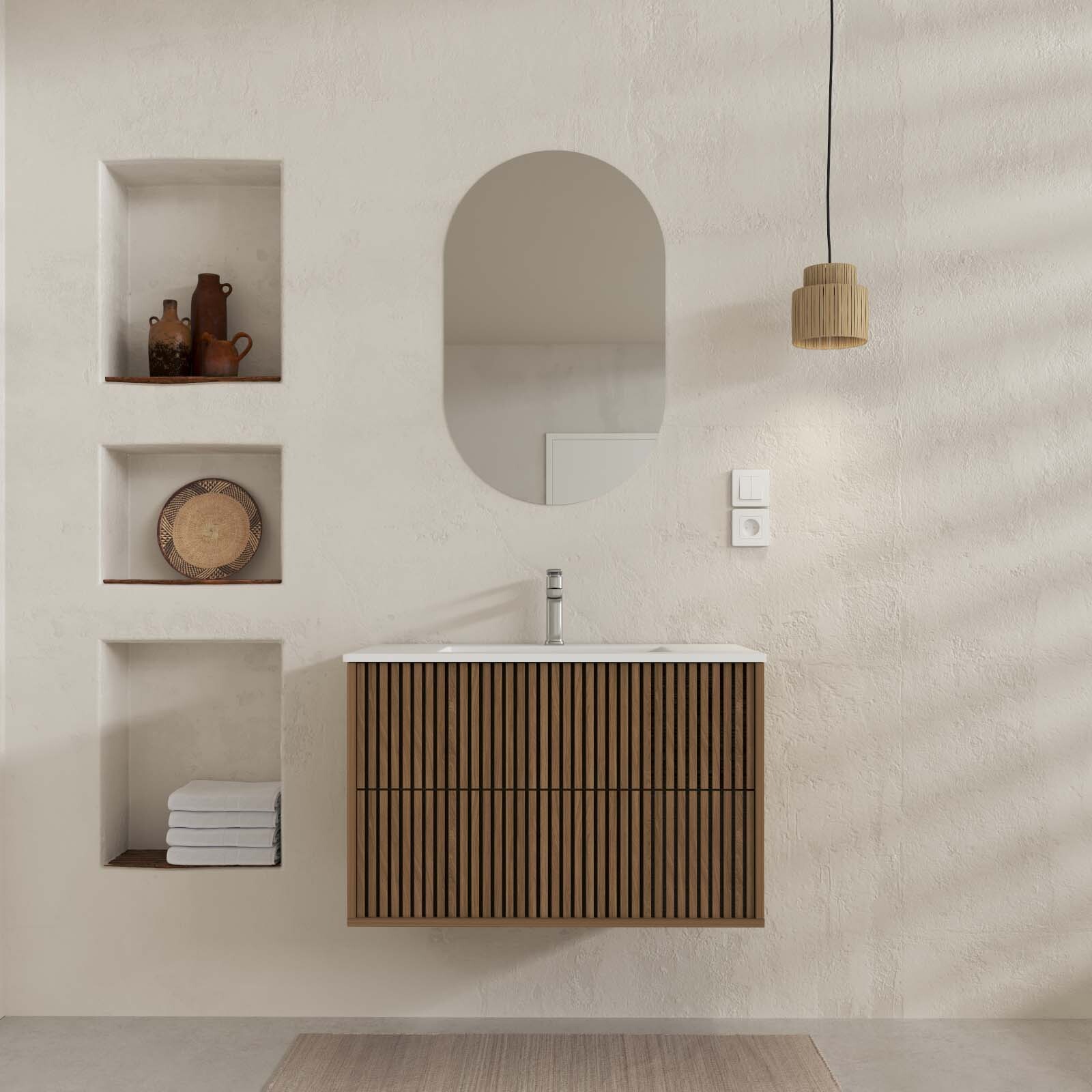 Mueble de baño 2 cajones 80 roble y negro - lavabo blanco - espejo oval