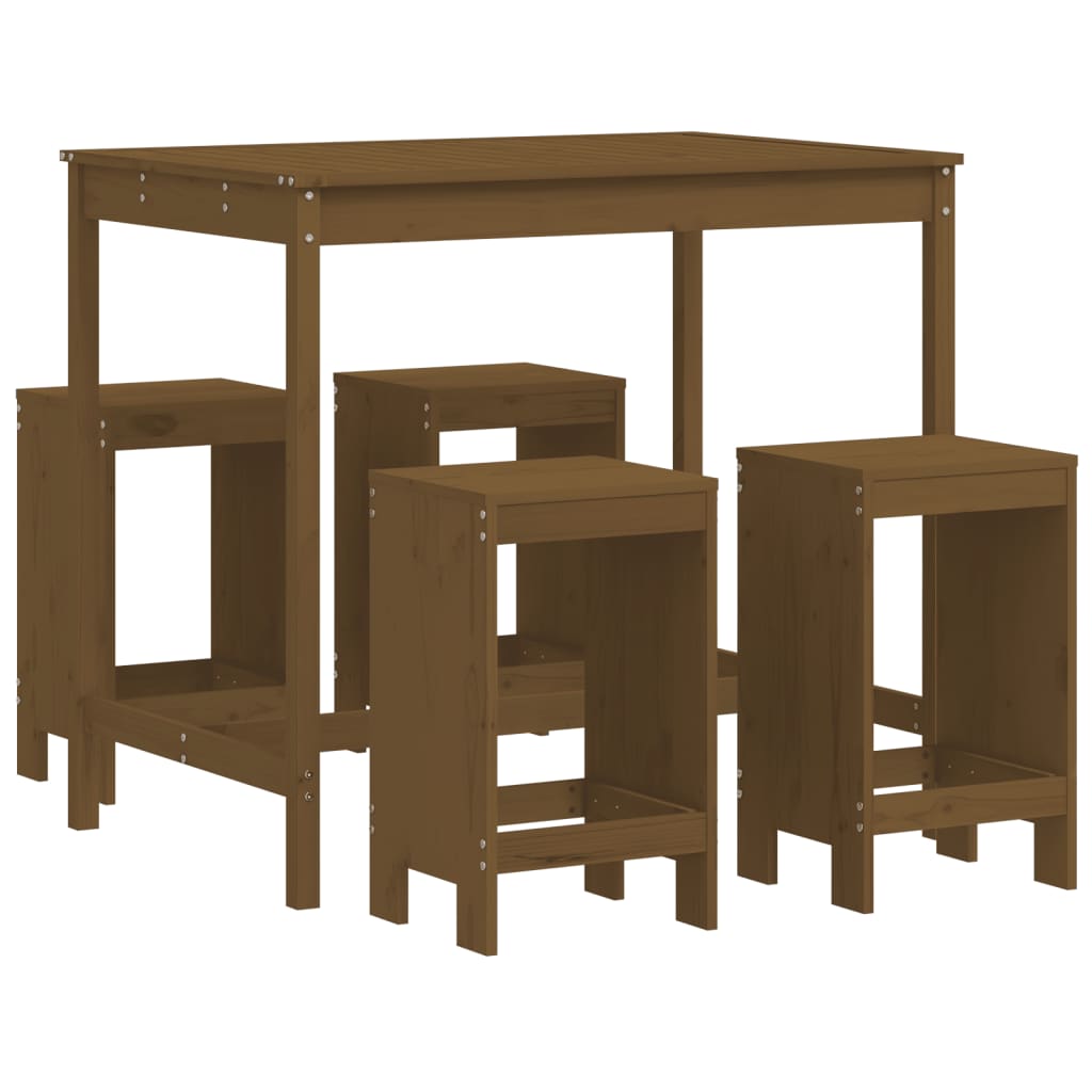 vidaXL mesa y taburetes altos de jardín 5 pzas madera pino marrón miel