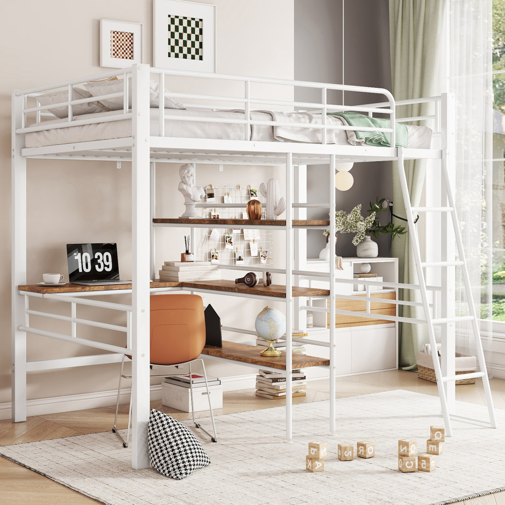 Cama alta 90x200cm con escritorio, estantes y barandilla metal – blanco