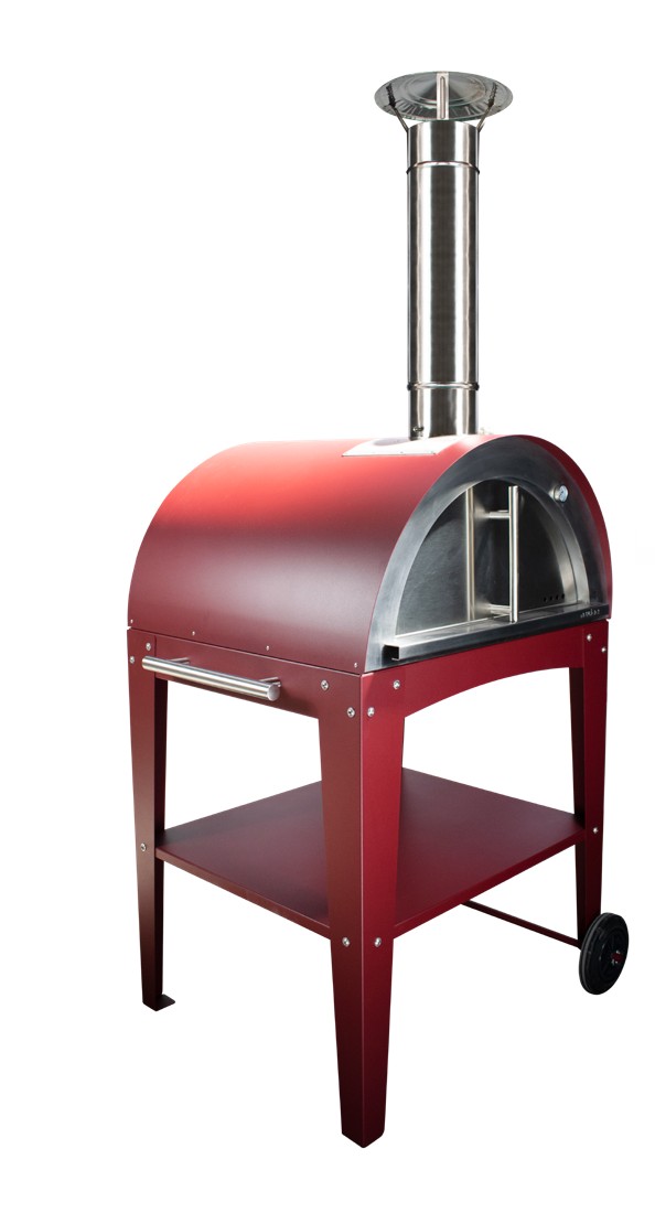 Horno de leña exterior chef junior rojo con mesa para pizzas y pan