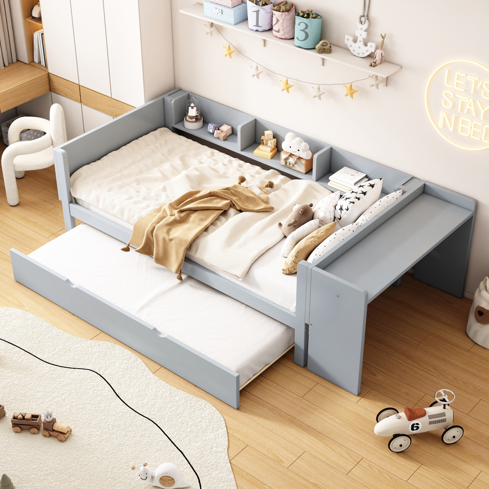 Cama nido 90x200cm con escritorio y estantes pino y mdf – gris