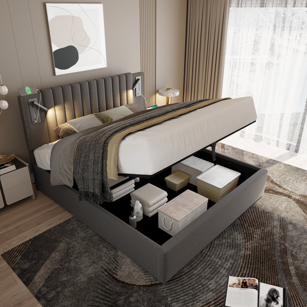 Cama tapizada 180x200cm con almacenaje luz de lectura y usb algodón – gris