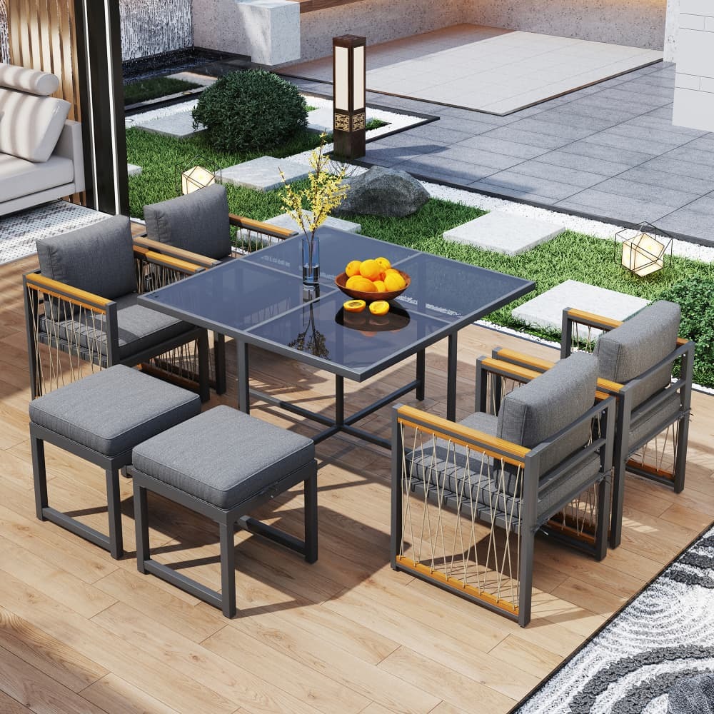 Conjunto mesa y sillas de jardín metal negro 6 personas con reposapiés