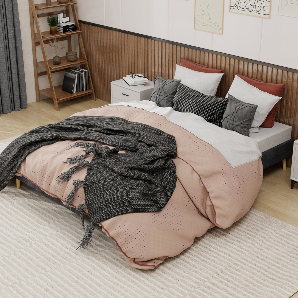 Cama tapizada 160x200cm estructura baja de tela y metal – gris