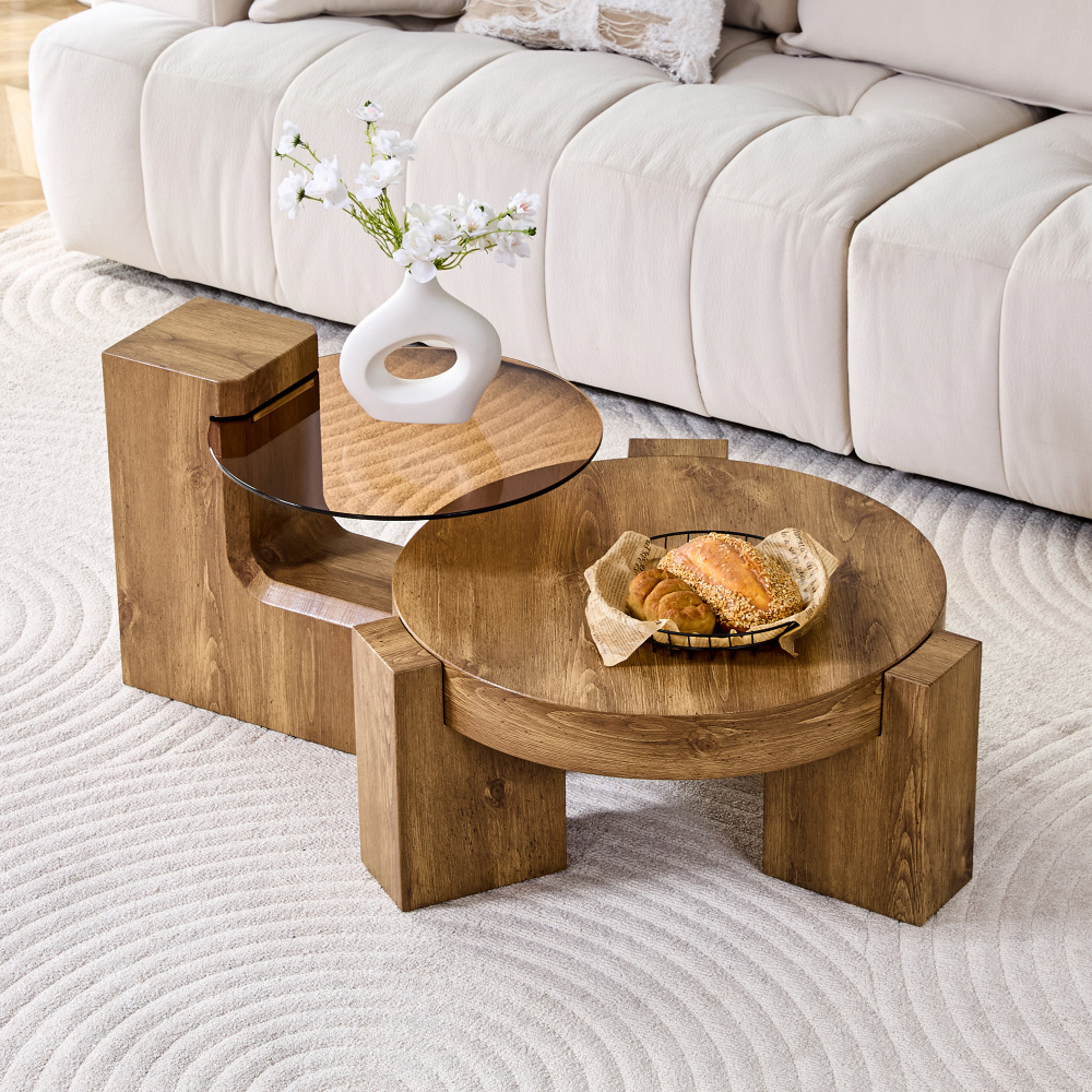Mesa de centro redonda 2 en 1 madera y cristal marrón 30x61x61cm