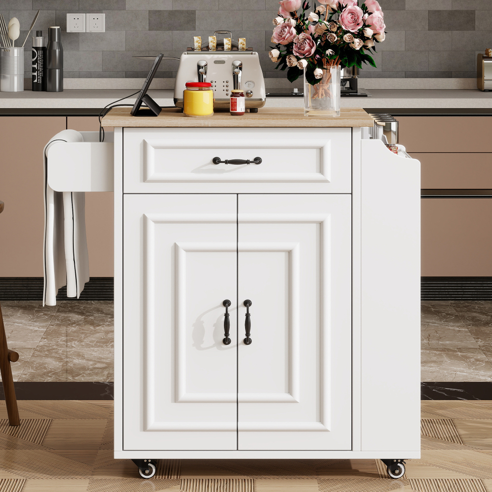 Isla de cocina con ruedas y encimera plegable 2 puertas blanco 90x66x60cm