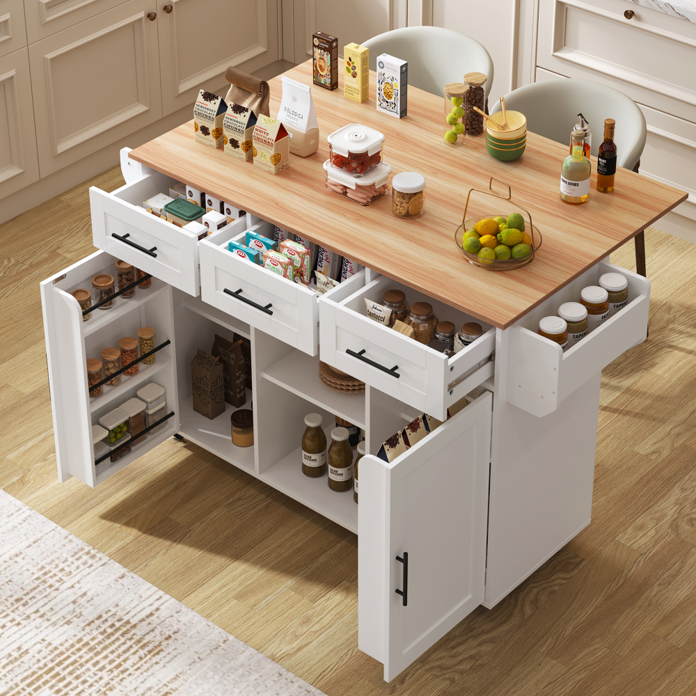 Isla de cocina con ala abatible 3 cajones blanco 91,5x139x46(71)cm