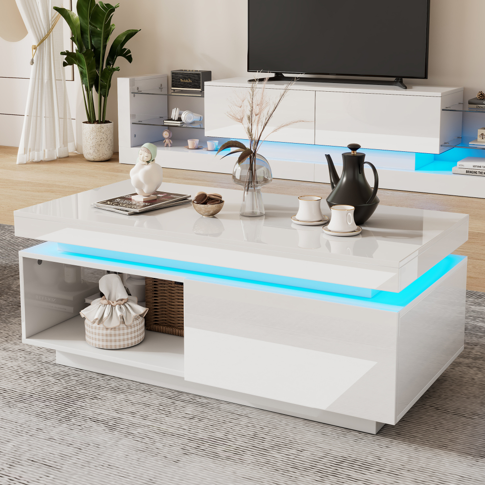 Conjunto mueble de tv con LED y mesa de centro blanco brillo 38x181x38cm