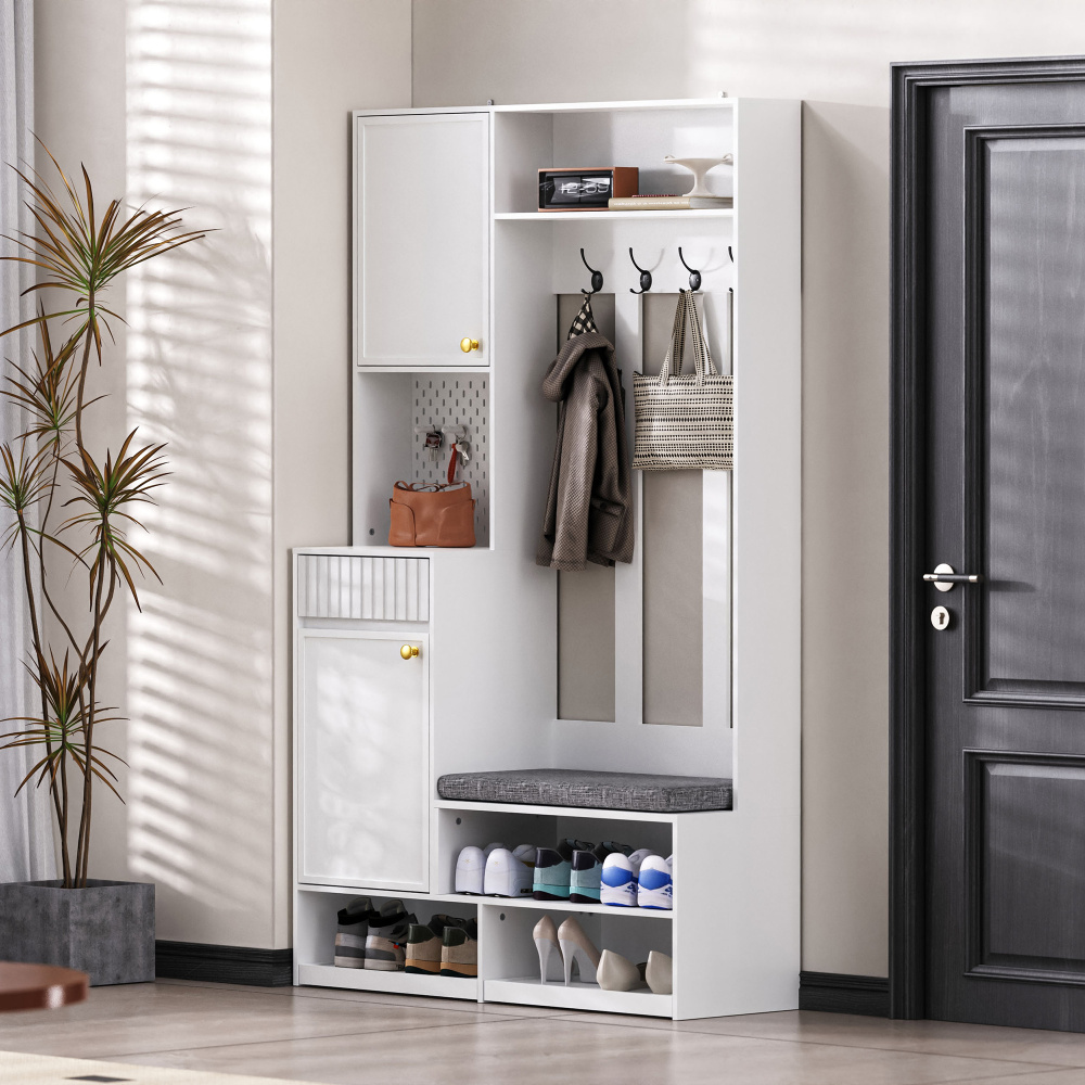 Mueble recibidor con banco 2 cajones 2 puertas blanco 180x100x35cm