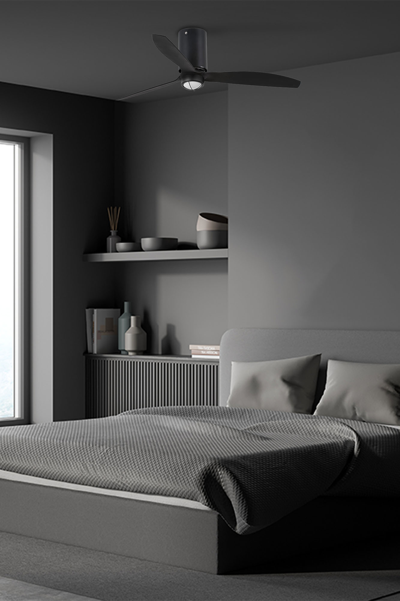 Ventilador de techo LED negro opaco acero y vidrio con aspas abs 1280mm