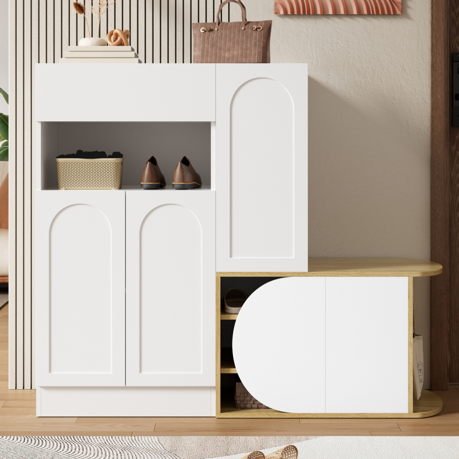 Zapatero con banco de entrada 1 cajon 5 puertas blanco madera 110x130x35cm