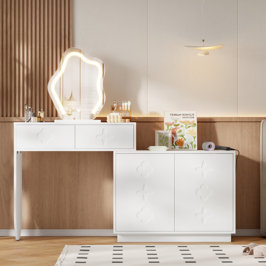 Tocador con espejo LED y armario lateral 2 cajones blanco 132x160x40cm