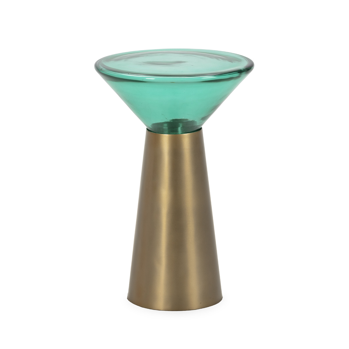 Mesa auxiliar 32,5x32,5x51 metal dorado, cristal turquesa