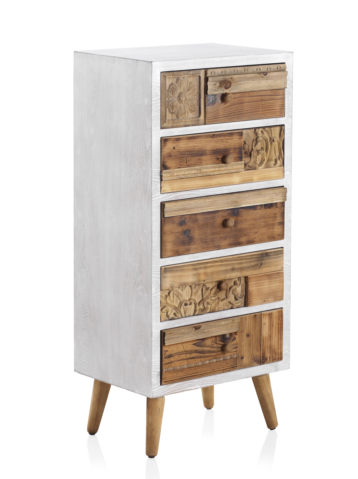 Cómoda blanca con frente de madera natural recuperada, 48,5x36x105cm