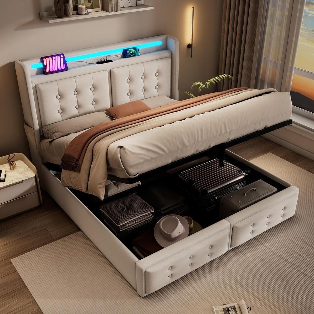 Cama doble 180x200cm con almacenaje hidraulico LED usb c beige