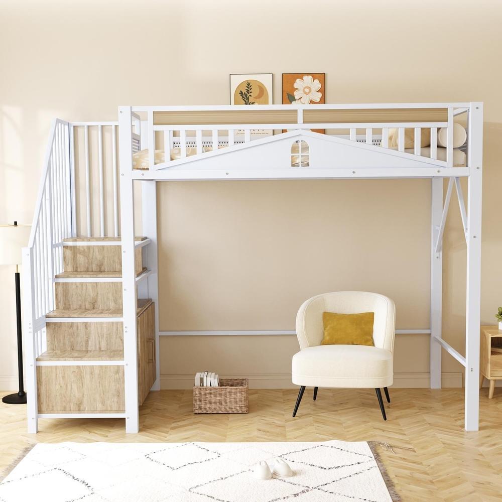 Cama alta 90x200cm de metal con escalera, armario y barandilla blanco