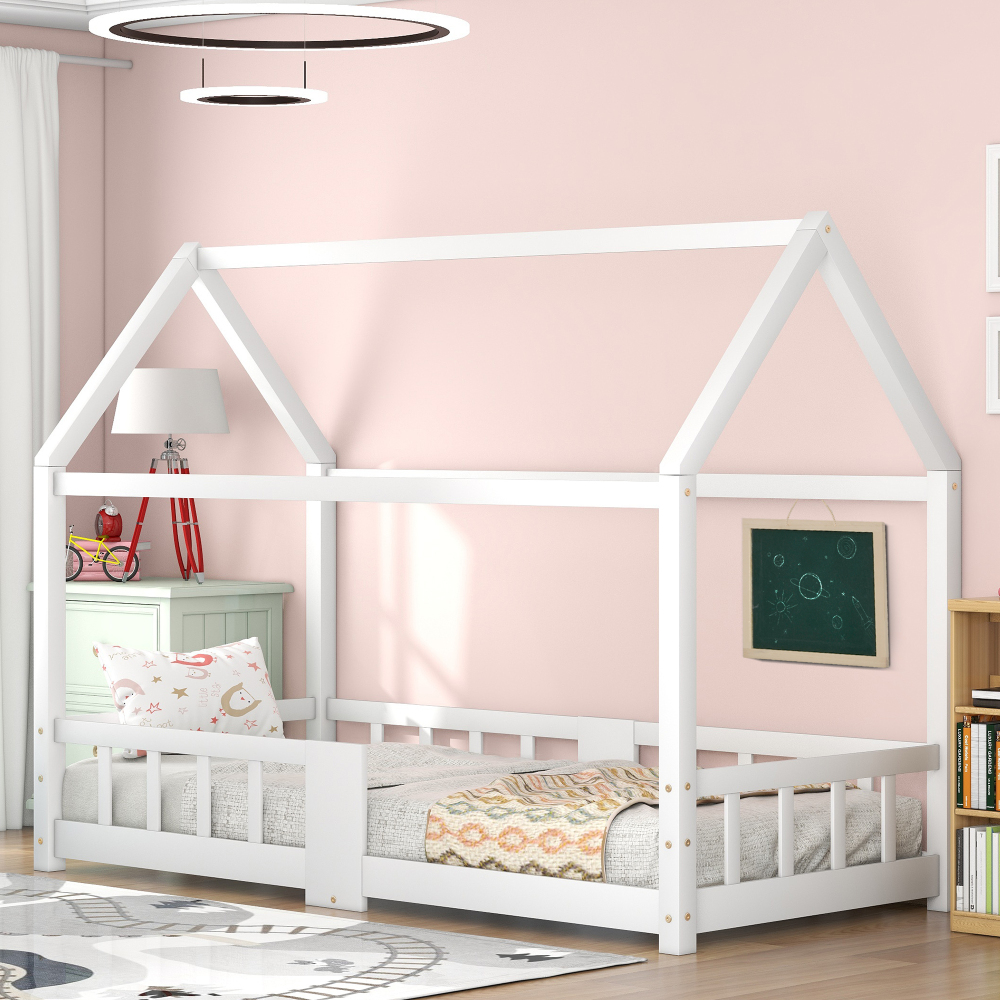 Cama infantil casita 90x200cm con pizarra y barandilla pino – blanco