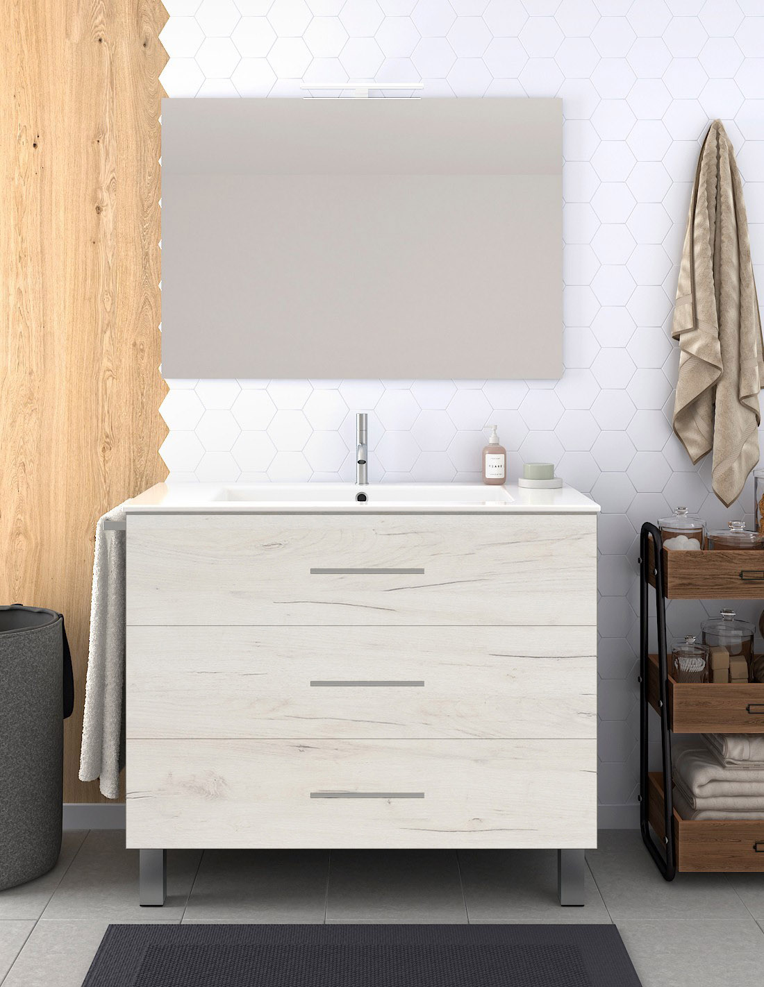 Mueble de baño ribera, lavabo y espejo 100x45cm blanco nórdico
