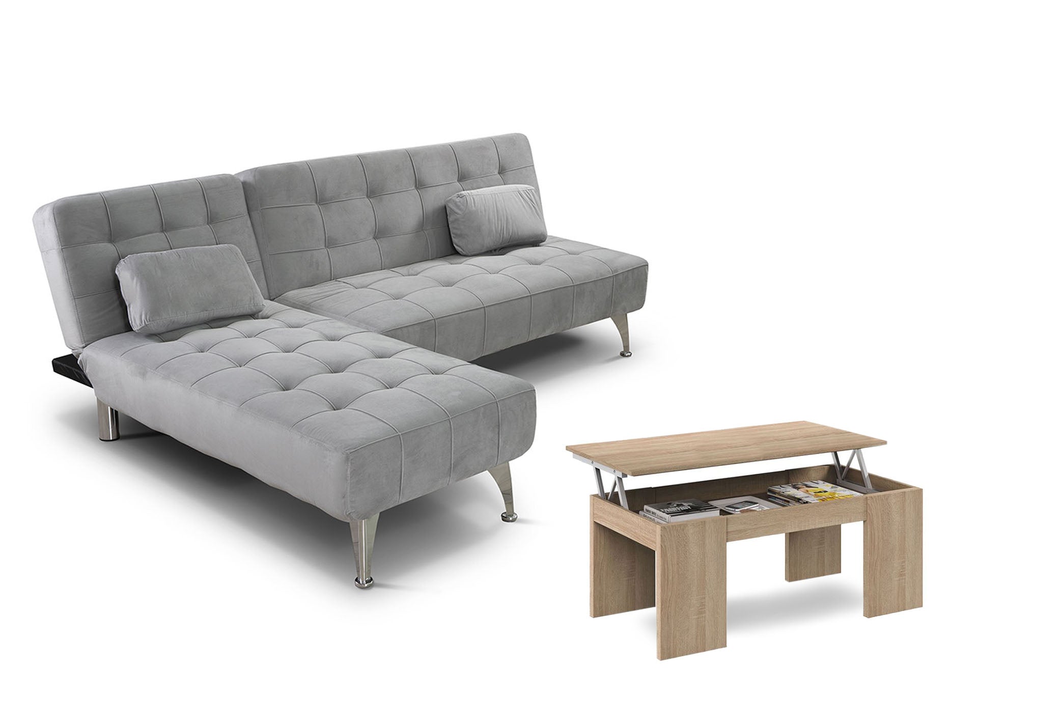 Sofá cama chaise longue xs gris + mesa de centro cambria