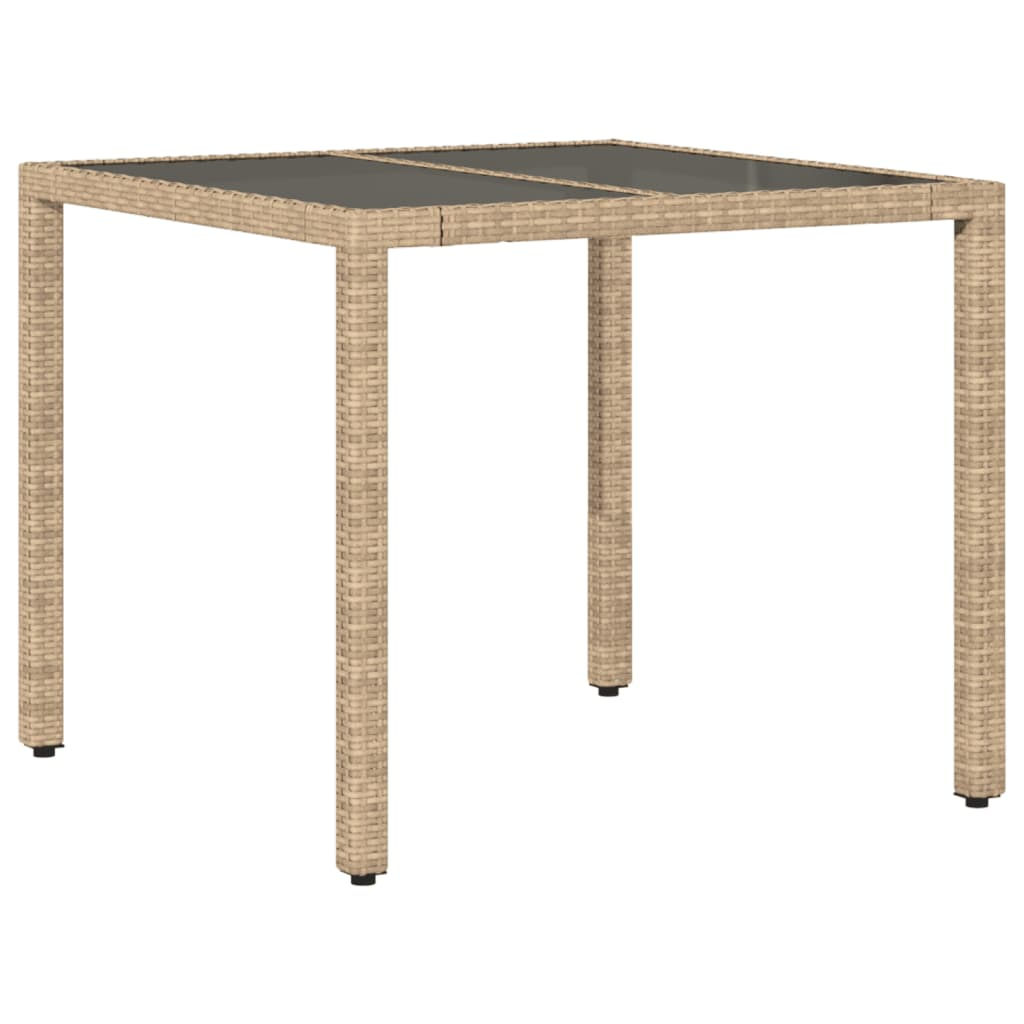 vidaXL mesa de jardín superficie de vidrio ratán pe beige 90x90x75 cm