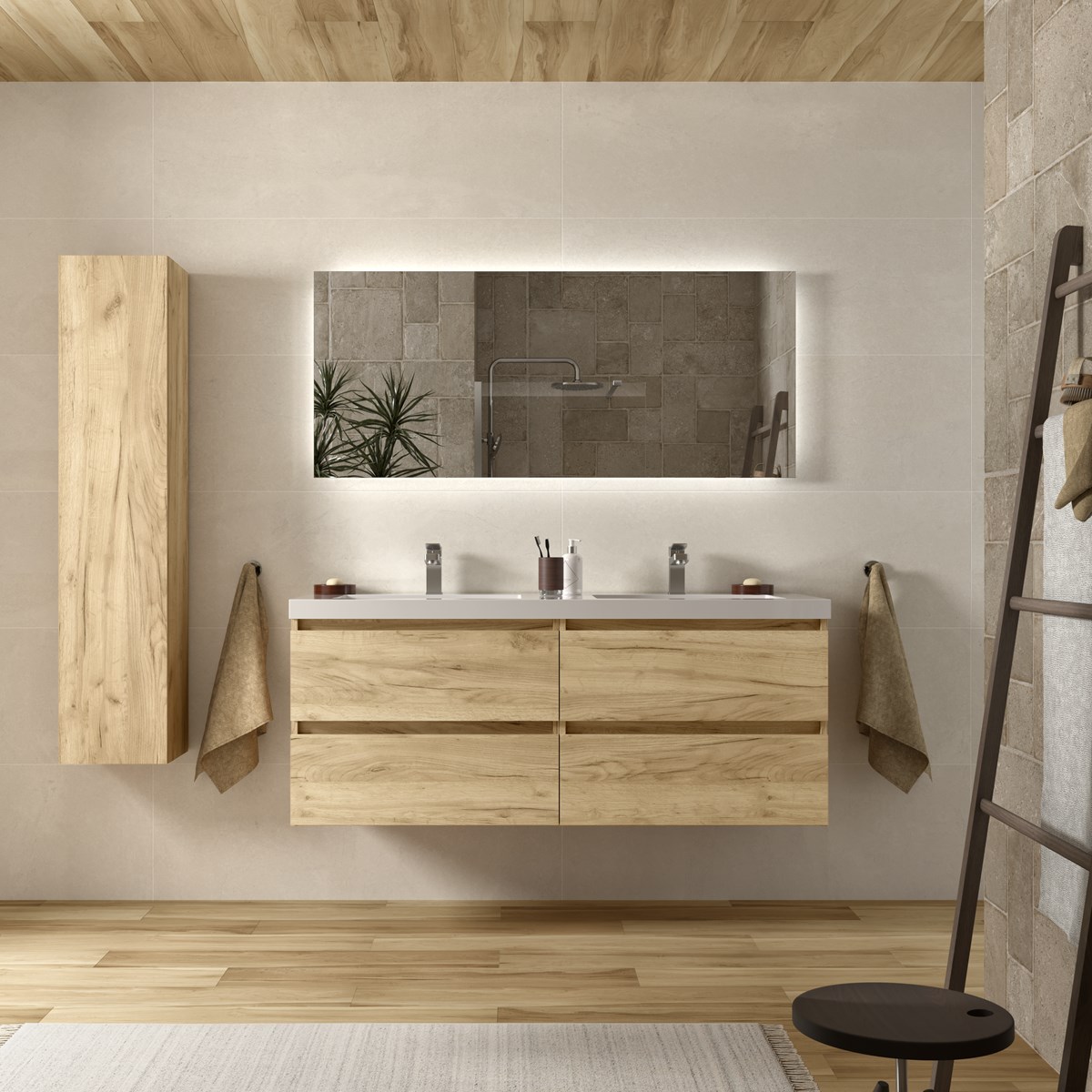 Mueble baño bequia 140 cm roble | lavabo 2 pozas