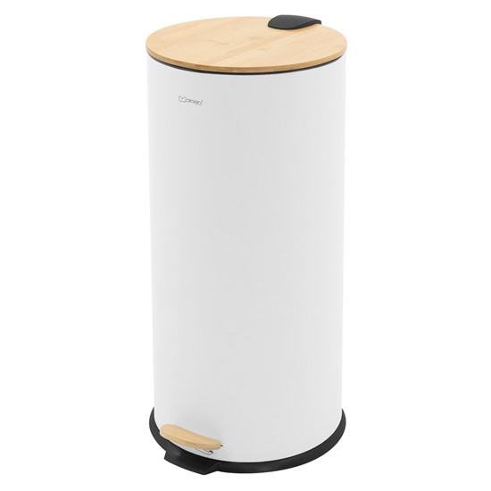 Cubo de basura redondo con pedal 30l de acero blanco y tapa de bambú