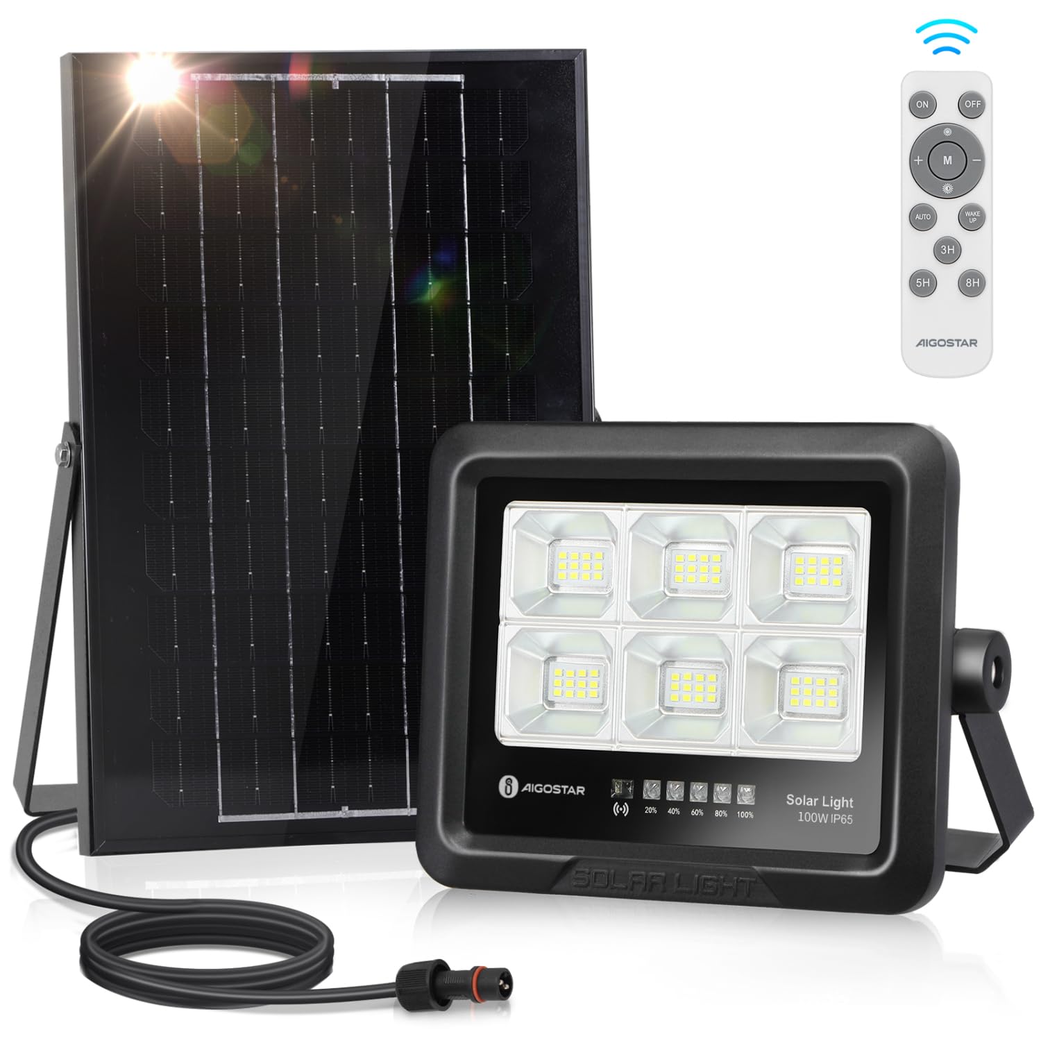 Aigostar foco proyector LED solar con mando a distancia 100w, 6500k, ip65