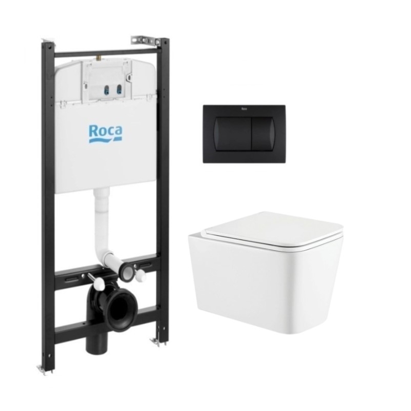 Roca active y pulsador negro mate y wc suspendido trend 49cm de kp