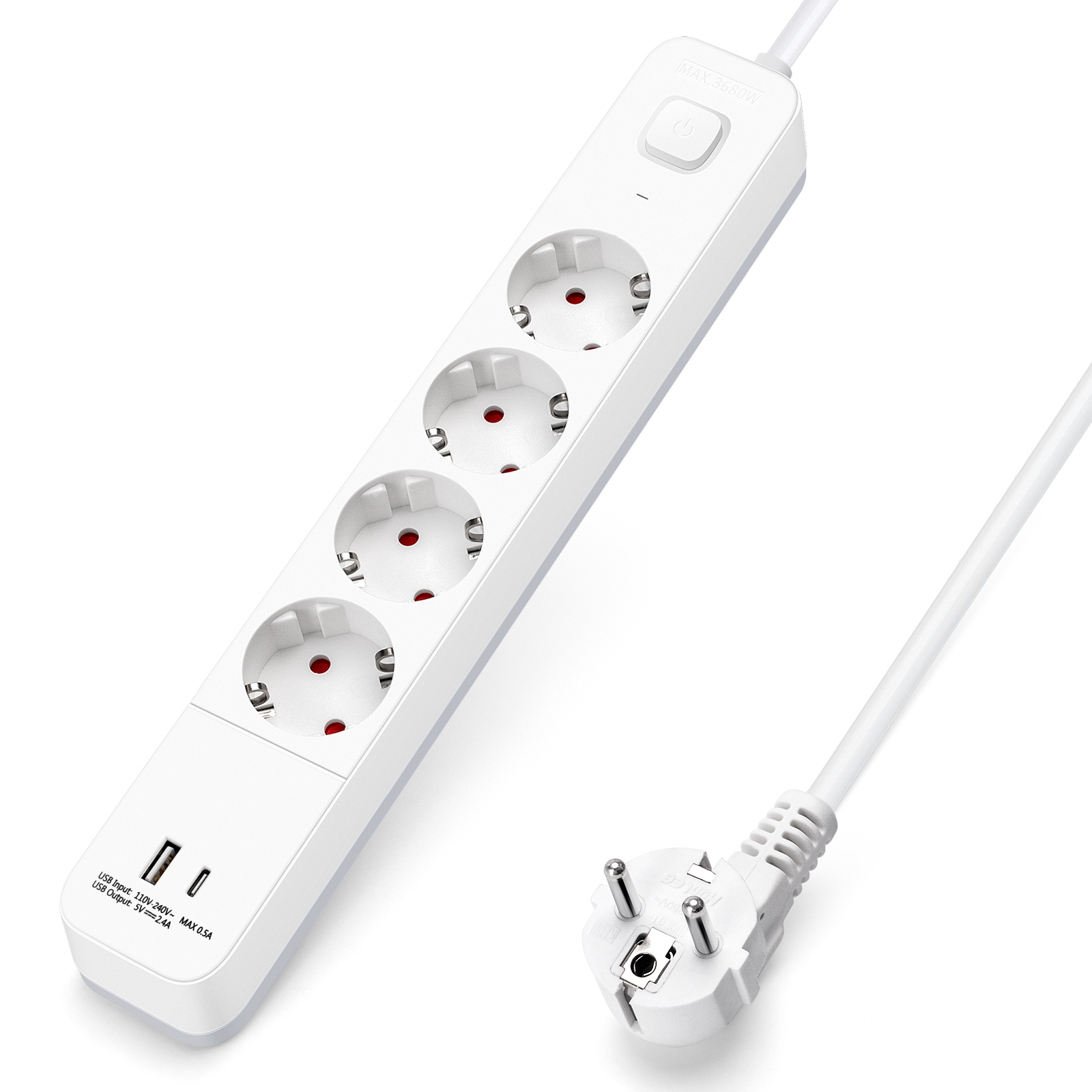 Aigostar regleta alargador 4 enchufes, cable 5m, interruptor usb+type c
