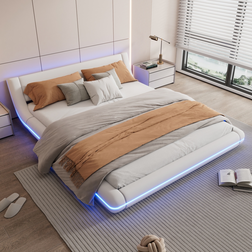 Cama de piel sintética 160x200cm con LED y diseño bajo – color blanco