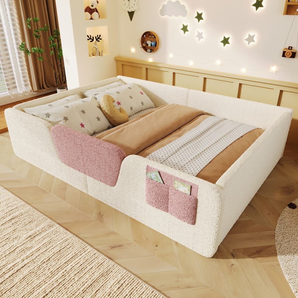 Cama tapizada 140x190cm con barandillas desmontables terciopelo – beige
