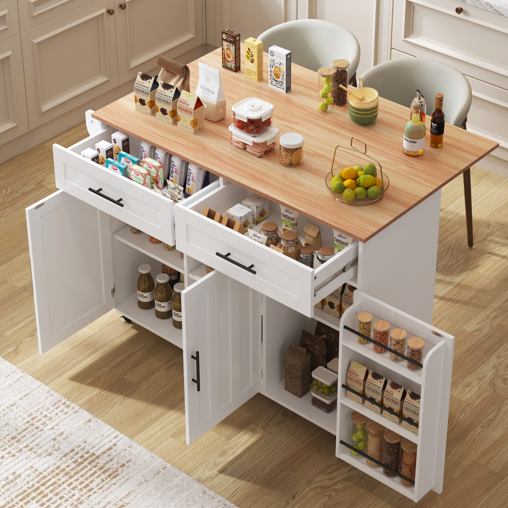 Isla de cocina plegable con ruedas y 2 cajones blanco 91,5x129x71cm