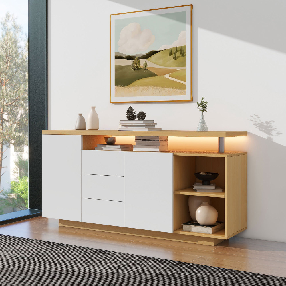 Aparador para salón 2 puertas 3 cajones blanco y roble claro 70x140x40cm