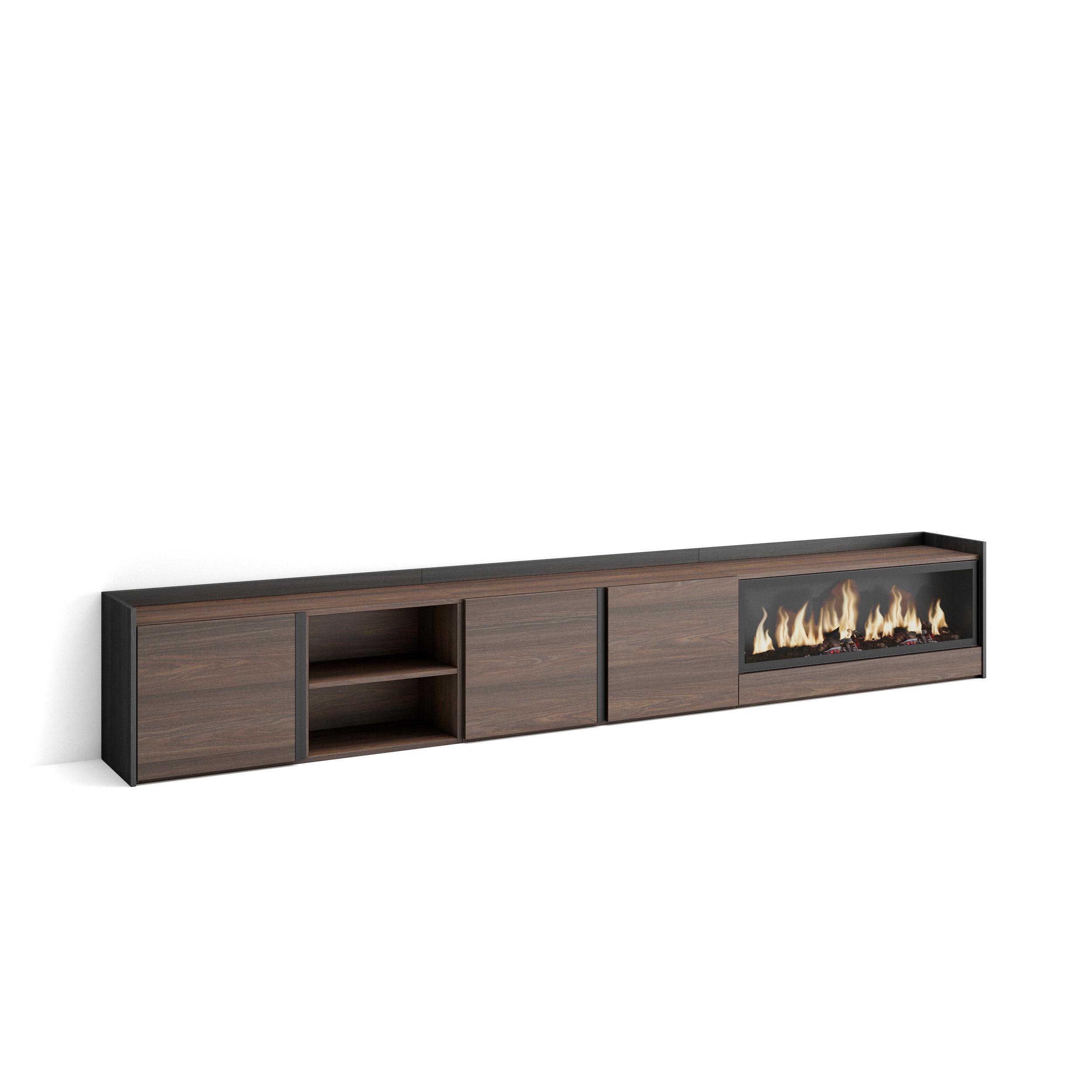Mueble tv, 315x35x50cm, roble oscuro y negro, chimenea eléctrica xxl rf4674