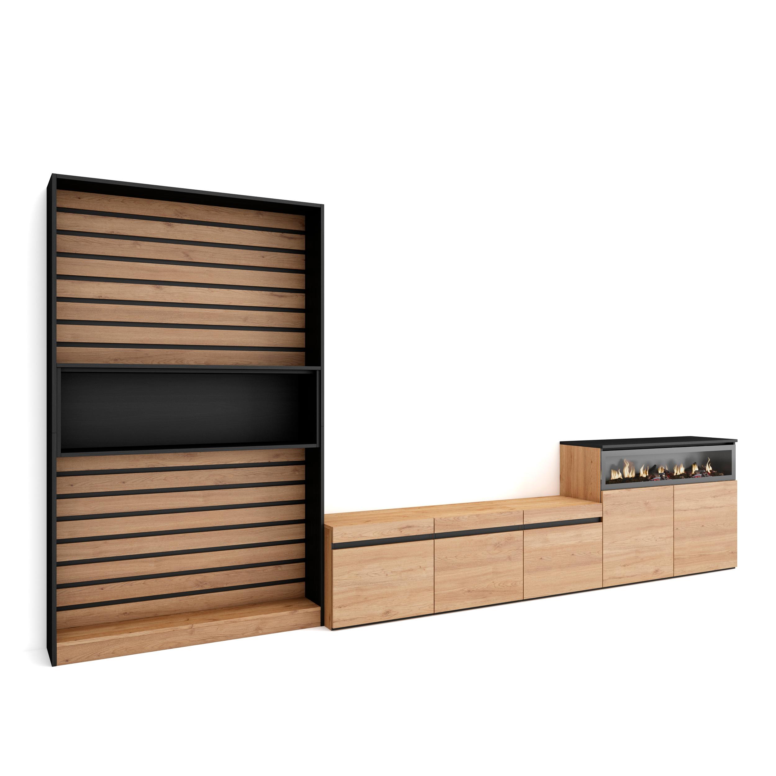 Muebles salón, 360x35x186cm, roble y negro, chimenea eléctrica rf3161
