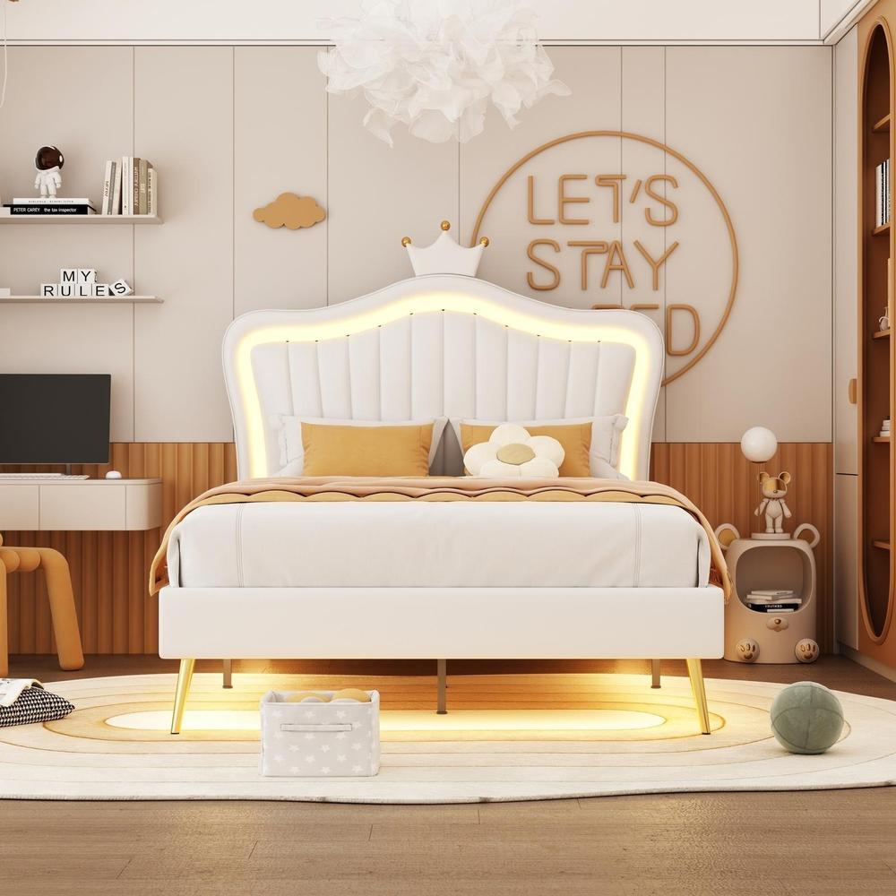 Cama 90x200cm con LED 16 colores y cabecero ajustable blanco